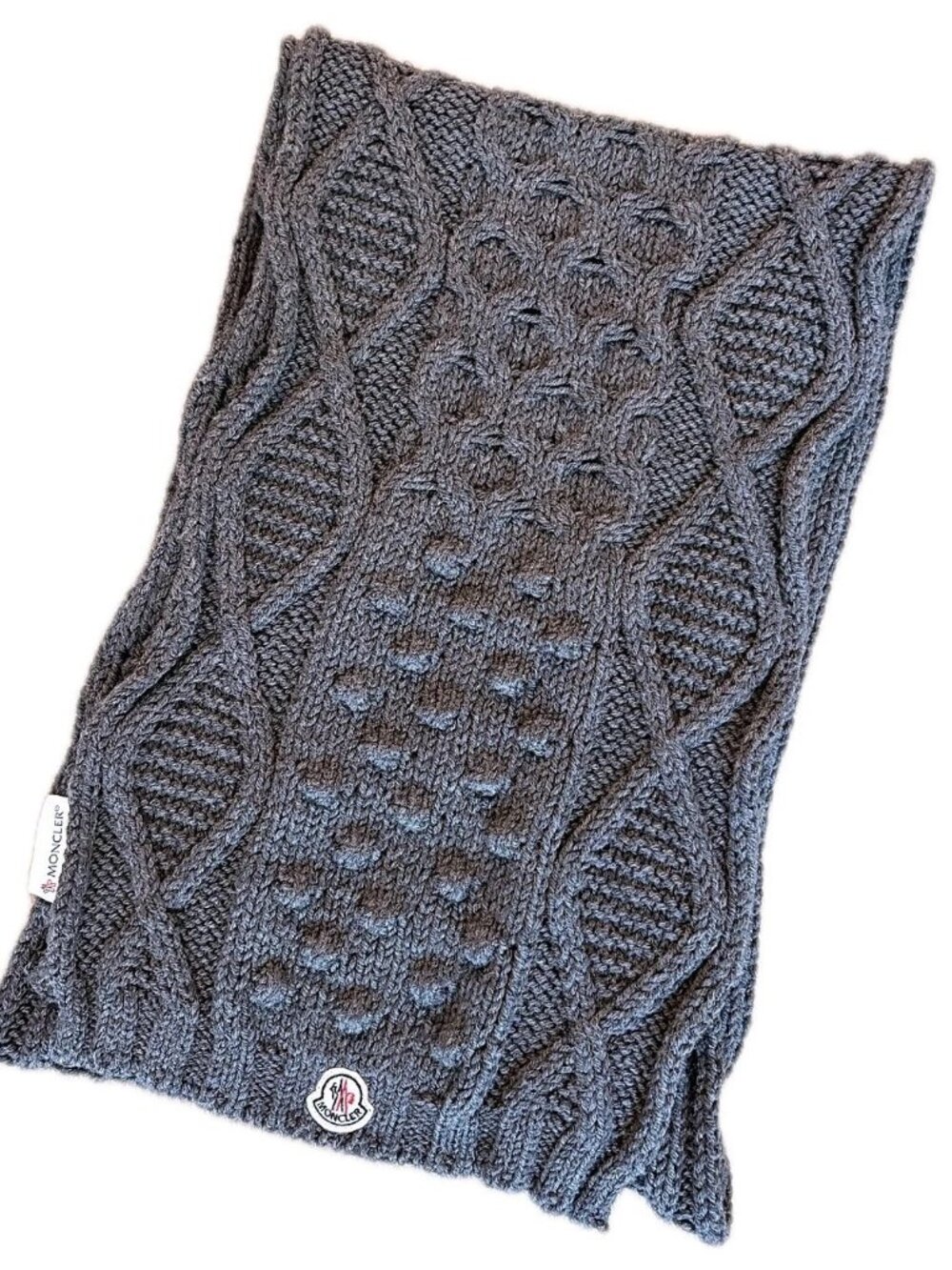 Moncler Chunky Cable Knit Wool Scarf Gray Aran Bobble Knit Logo Patch Unisex